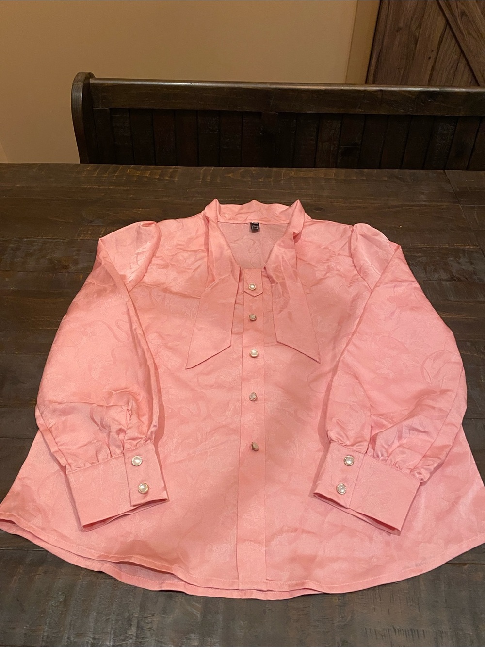 Women's Pink Bow-Front Blouse with Pearl Buttons